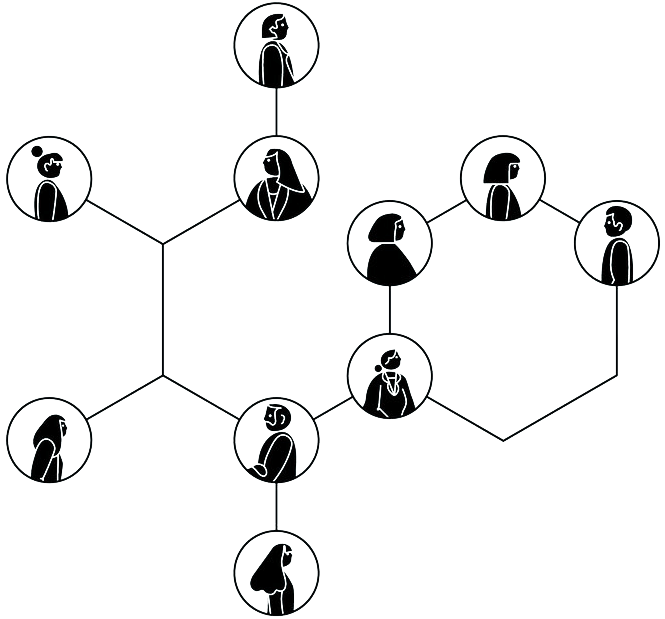 Teamwork 桌布 壁紙 — 黑色背景上圓形框架內相互連接的人形簡約白色線條畫。