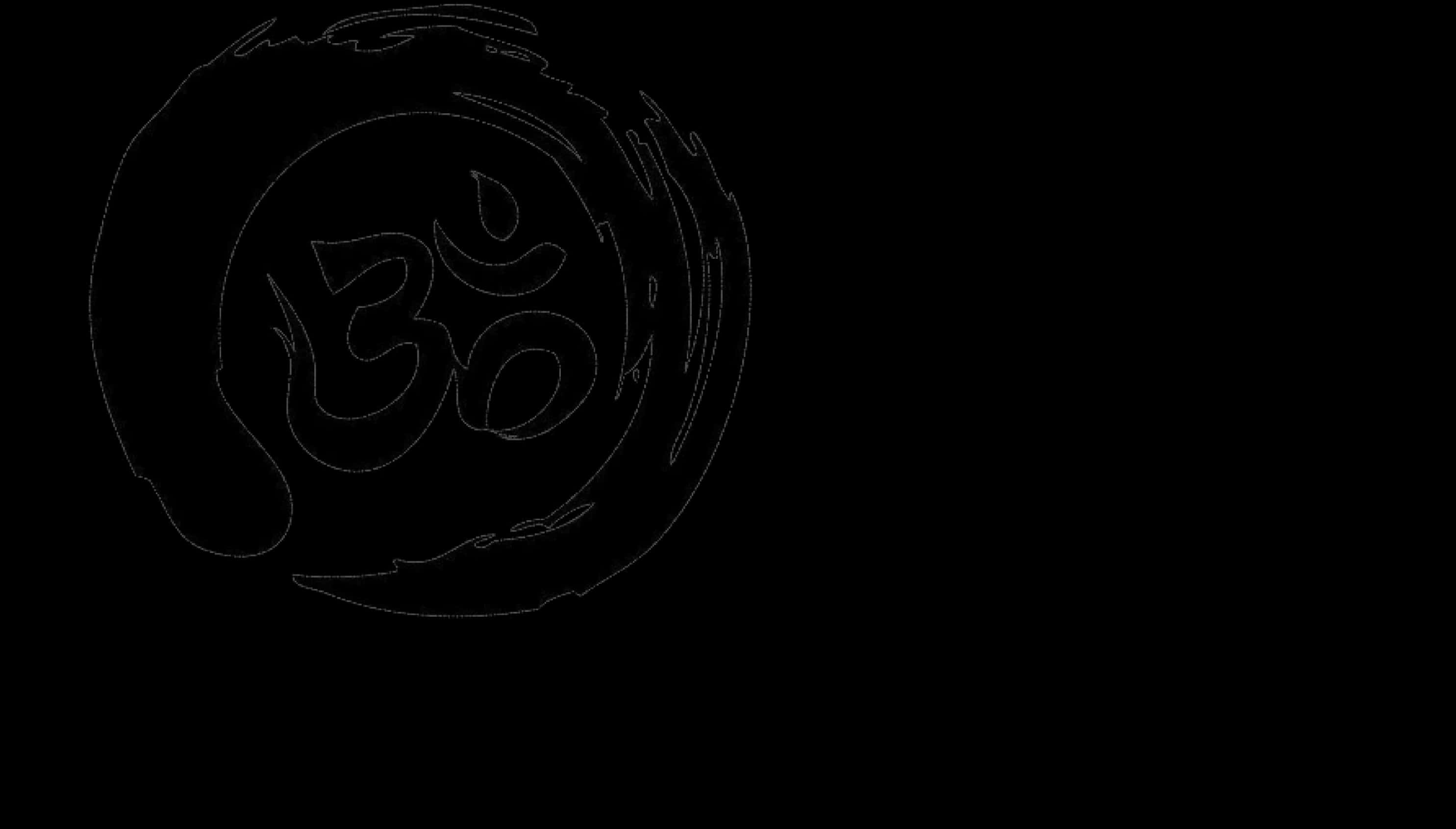 Om 桌布 壁紙 — 黑色背景上圓形漩渦中的白色簡約線條 Om 符號繪圖。