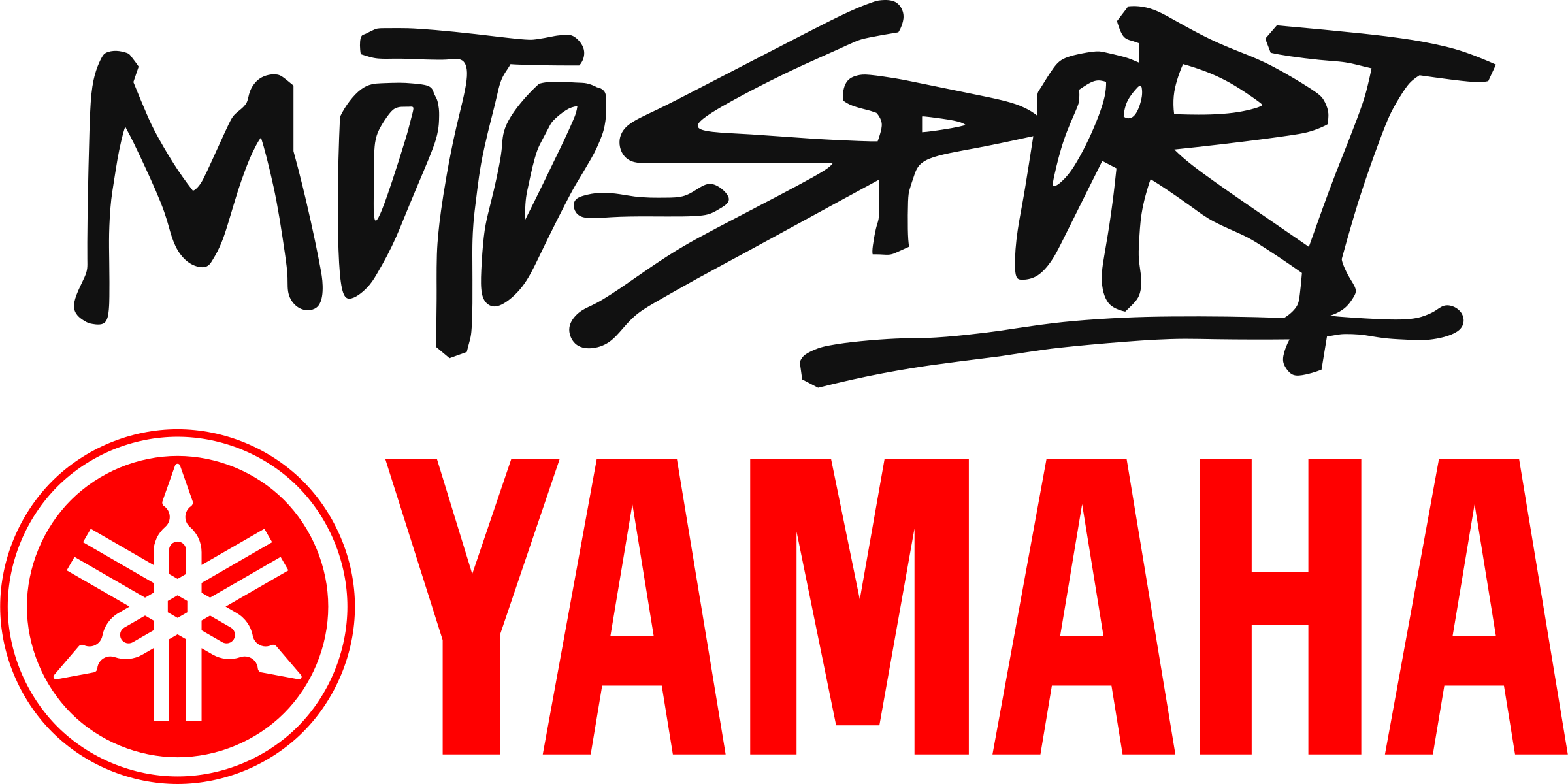 Yamaha Logo 桌布 壁紙 — 黑色背景上大膽的紅色Yamaha標誌和Moto-Sport文字，搭配塗鴉風格字體。