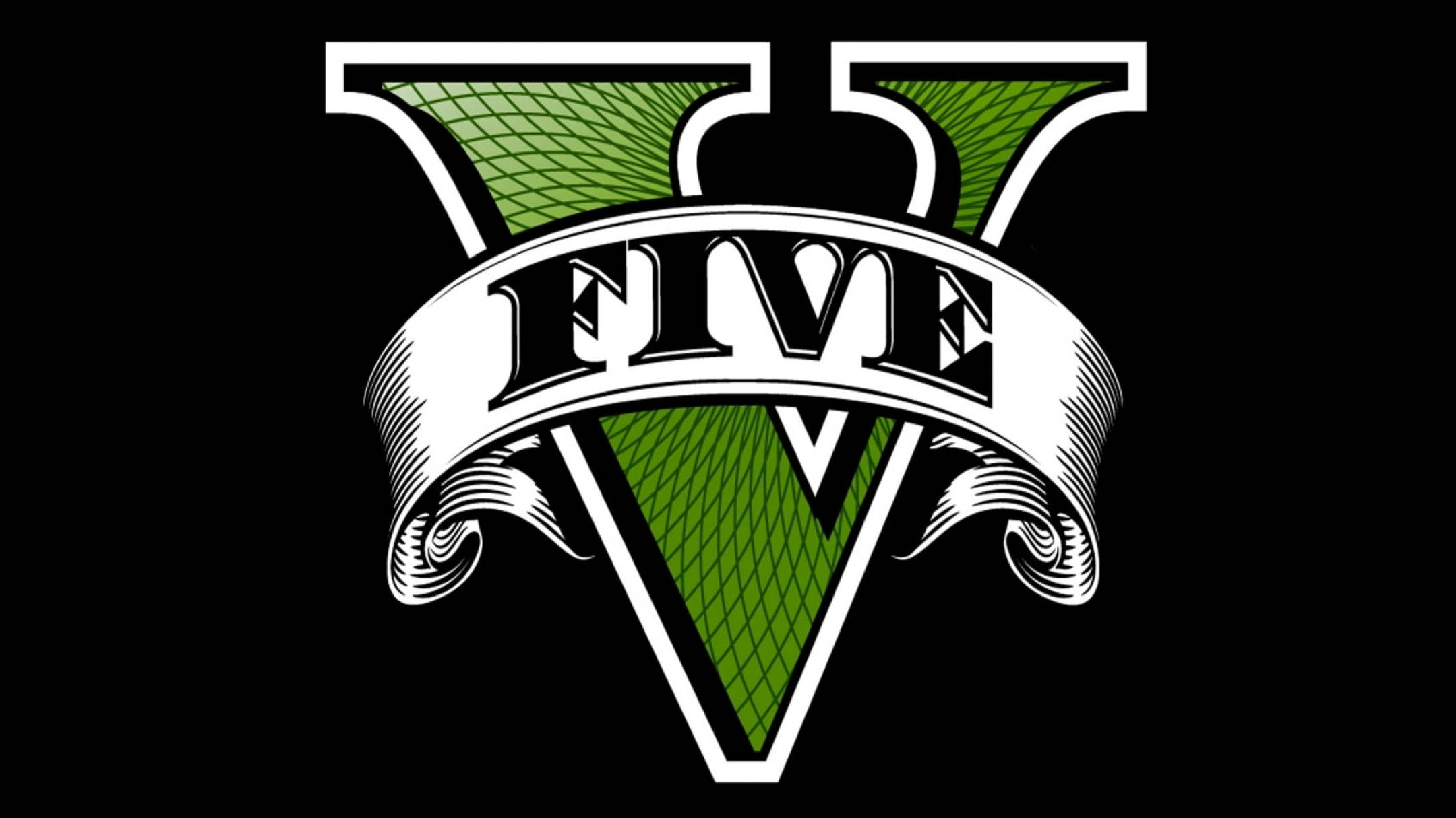 Gaming Logos 桌布 壁紙 — 黑色背景上大膽的綠色和白色「V」標誌及「FIVE」橫幅。