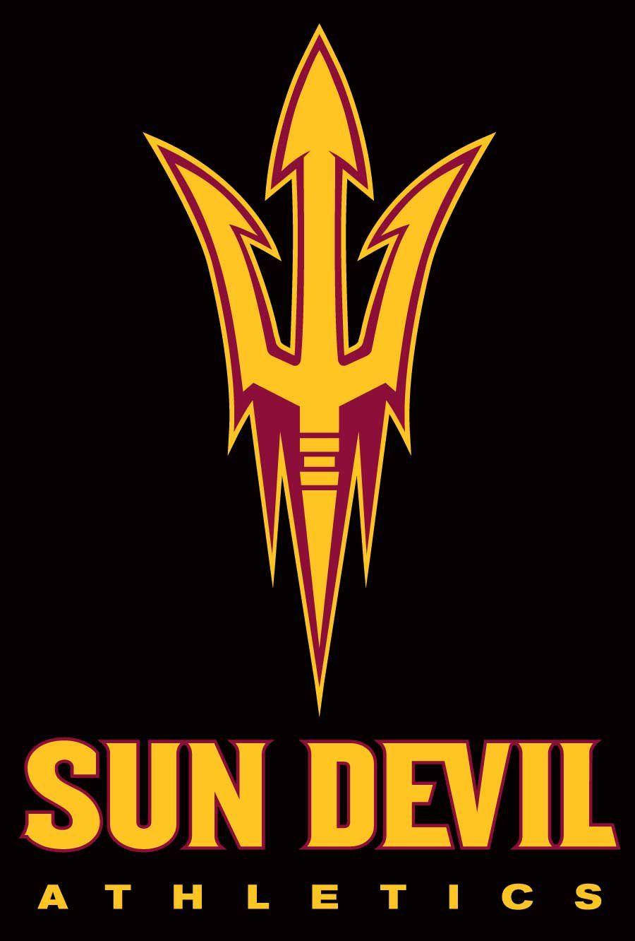 學校 桌布 壁紙 — 黑色背景上大膽的黃色和栗色Sun Devil Athletics標誌，帶有三叉戟符號。