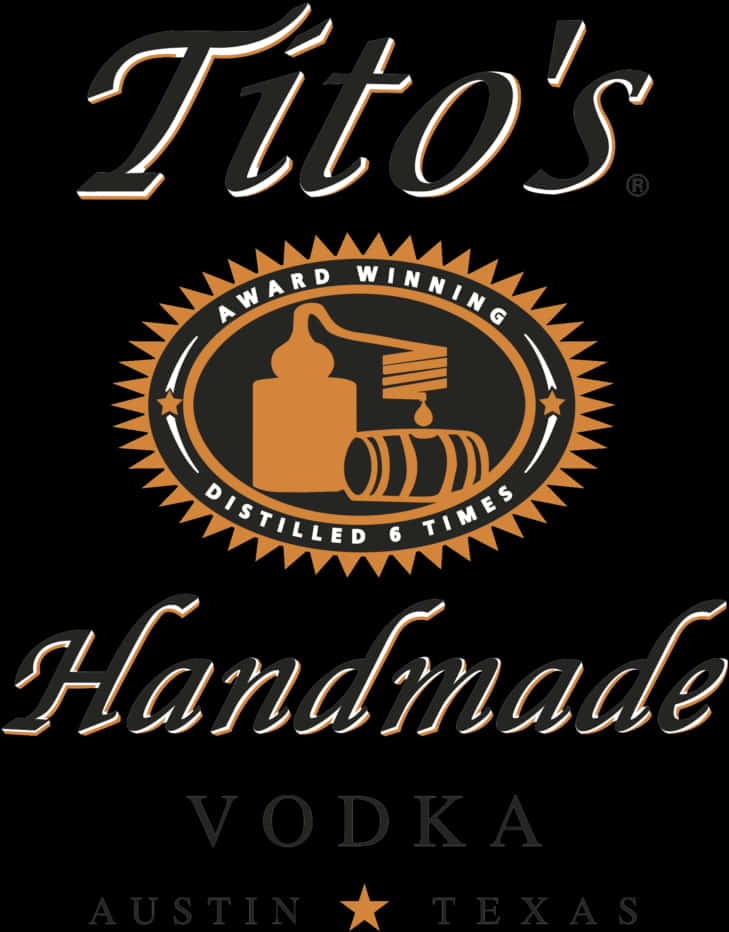 Titos Vodka Logo 桌布 壁紙 — 黑色背景上展示Tito's Handmade Vodka標誌，採用金色和白色文字，以及一個帶有蒸餾器和木桶圖案的太陽光輝徽章。