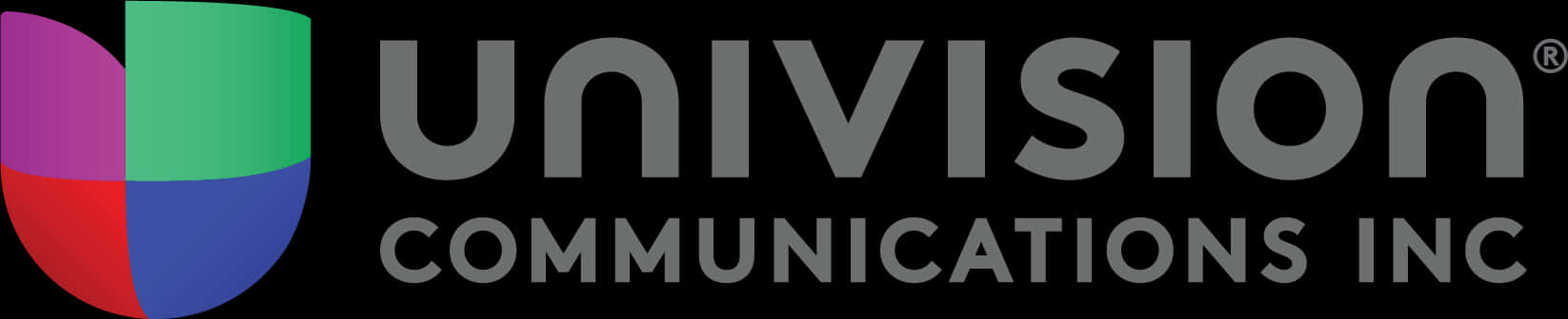 標誌 桌布 壁紙 — 黑色背景上展示Univision Communications Inc標誌，帶有彩色分段圓圈和灰色文字。