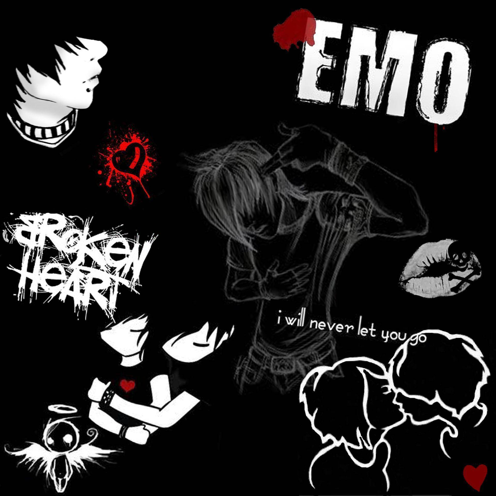 emo 桌布 壁紙 — 黑色背景上展示白色和紅色的emo主題插圖，包括一個有尖刺頭髮的人物、一顆破碎的心，以及像「EMO」和「i will never let you go」的文字。