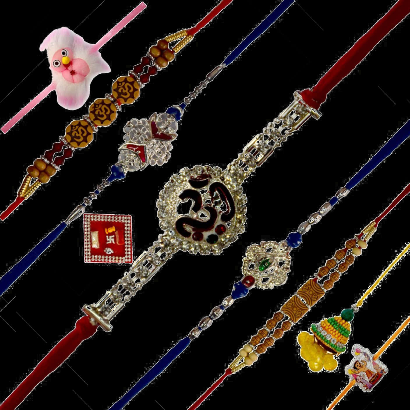 Bracelet 桌布 壁紙 — 黑色背景上展示的精心設計的Rakhi手鐲系列，配有彩色線條、珠子和裝飾吊飾。