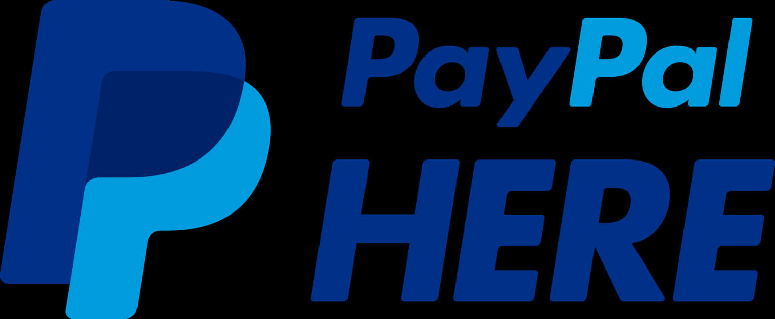 Paypal Logo 桌布 壁紙 — 黑色背景上帶有「HERE」文字的醒目藍色PayPal標誌。