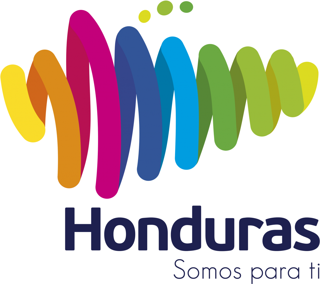 宏都拉斯 桌布 壁紙 — 黑色背景上帶有「Honduras」文字的鮮豔彩虹色波浪標誌。
