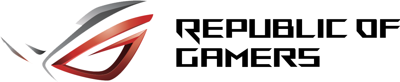 Asus Logo 桌布 壁紙 — 黑色背景上帶有「Republic of Gamers」文字的時尚紅銀色 ROG 標誌。