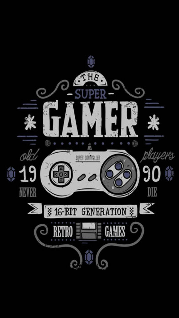 遊戲 桌布 壁紙 — 黑色背景上帶有「The Super Gamer」文字的復古16位遊戲控制器圖形。