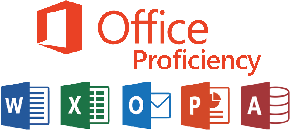 microsoft 桌布 壁紙 — 黑色背景上帶有 Word、Excel、Outlook、PowerPoint 和 Access 圖示的 Office Proficiency 標誌。