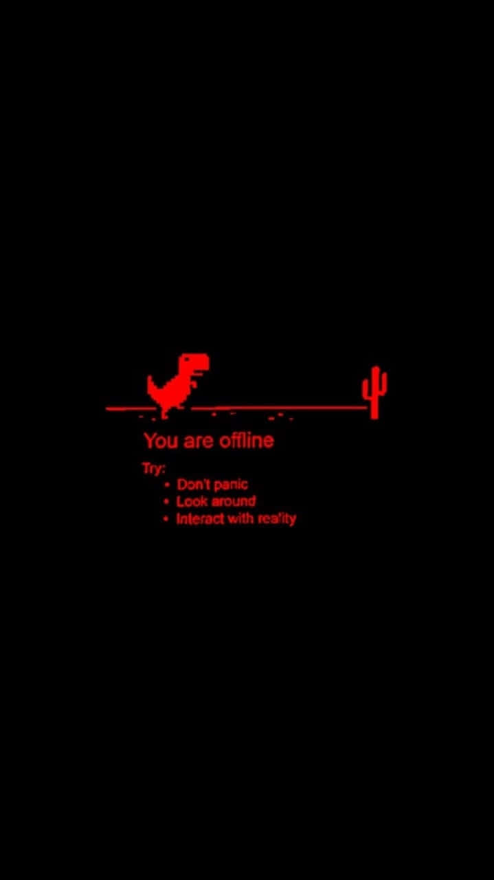 紅色動圖 桌布 壁紙 — 黑色背景上帶有「You are offline」文字的簡約紅色像素恐龍和仙人掌。
