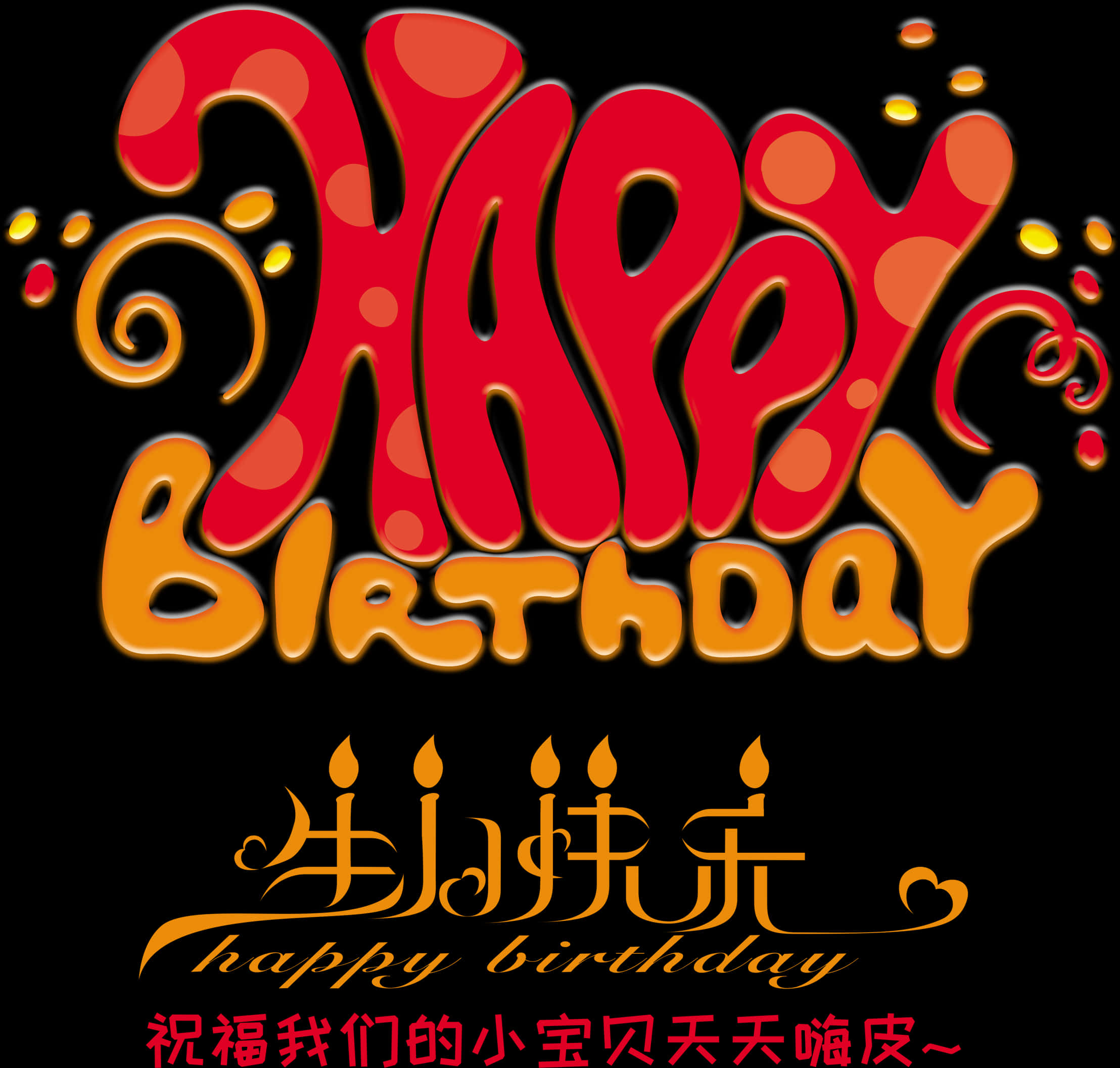 birthday blessings 桌布 壁紙 — 黑色背景上帶有中文字元和慶祝漩渦的醒目紅色和橙色「Happy Birthday」文字。
