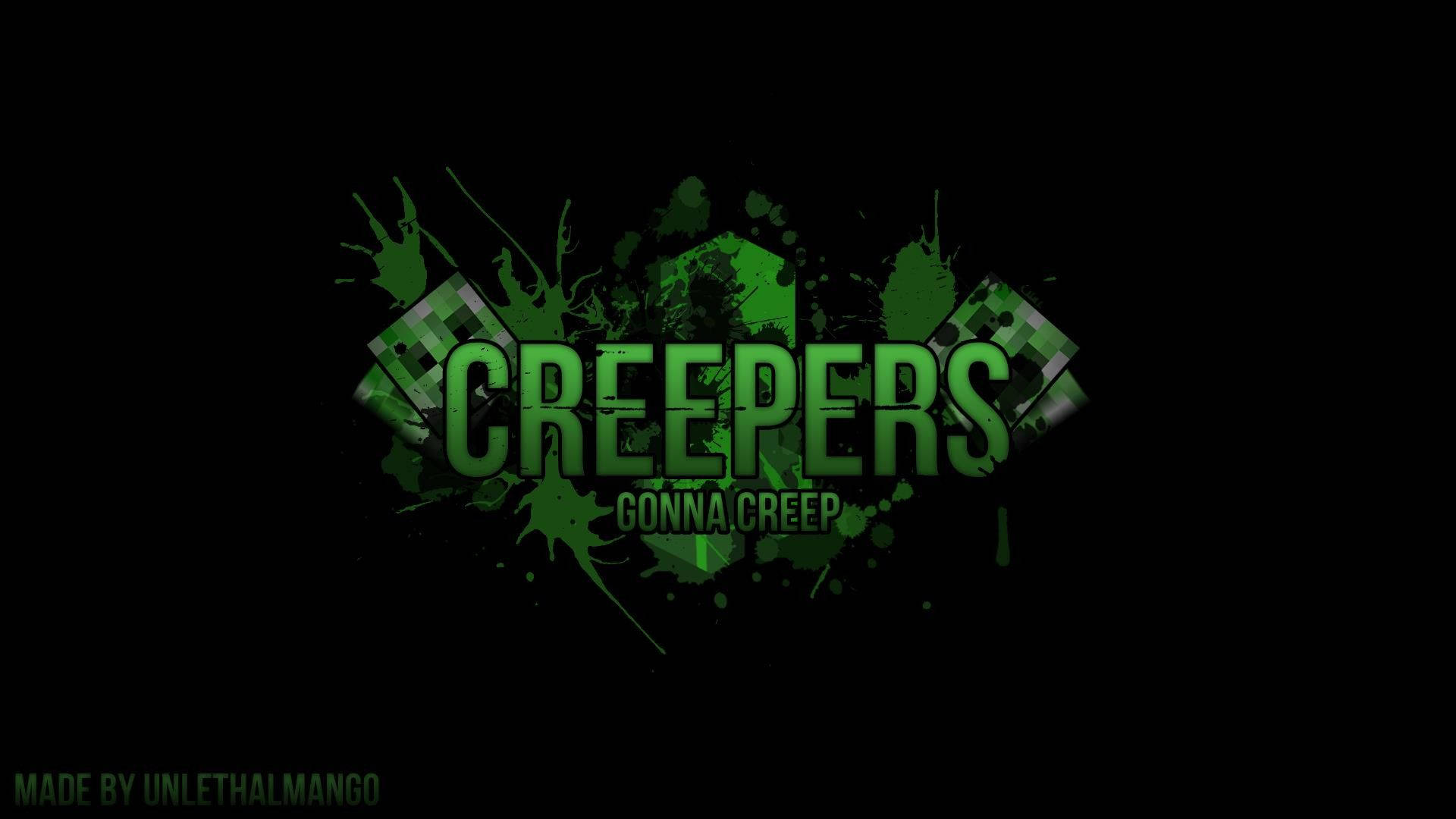Creeper 桌布 壁紙 — 黑色背景上帶有像素化方塊和飛濺效果的粗體綠色「CREEPERS GONNA CREEP」文字。