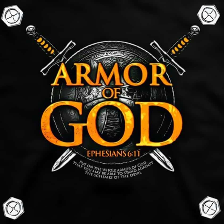 Armor Of God 桌布 壁紙 — 黑色背景上帶有六邊形符號，粗體橙色文字「ARMOR OF GOD」，配有交叉劍和盾牌。