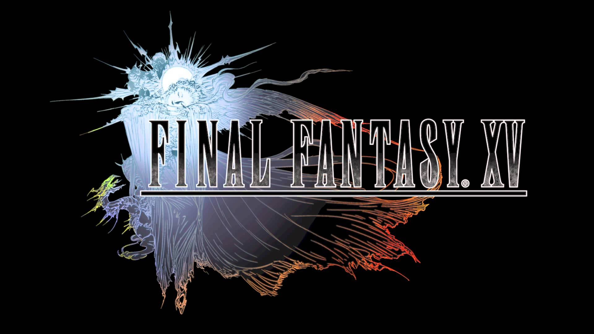 Xv 桌布 壁紙 — 黑色背景上帶有冰藍色和火橙色翅膀設計的Final Fantasy XV標誌。