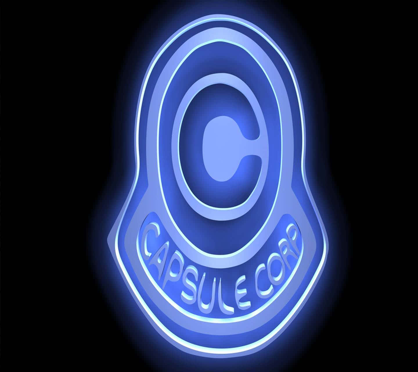 Capsule Corp 桌布 壁紙 — 黑色背景上帶有同心圓環和文字的發光藍色Capsule Corp標誌。