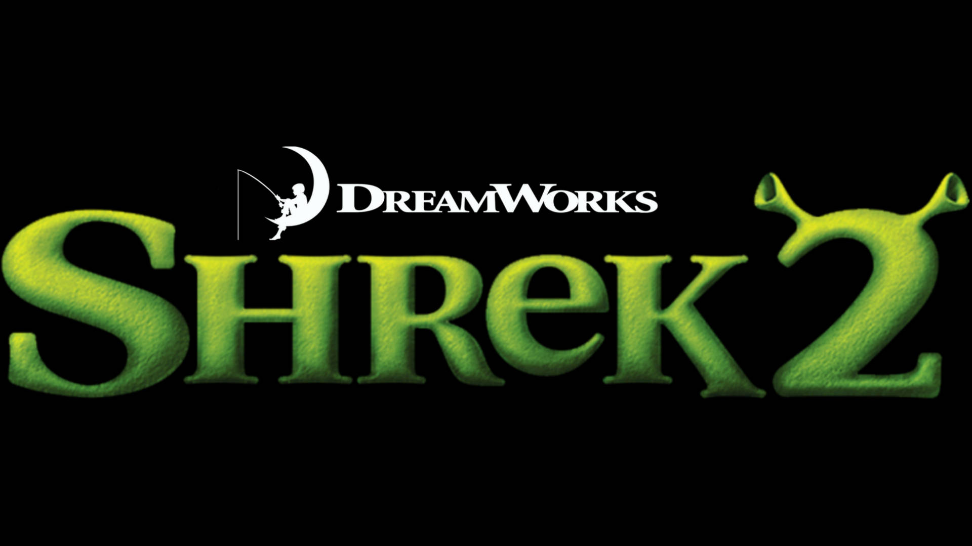 Shrek 2 桌布 壁紙 — 黑色背景上帶有夢工廠標誌的粗體綠色紋理史瑞克2標題標誌。