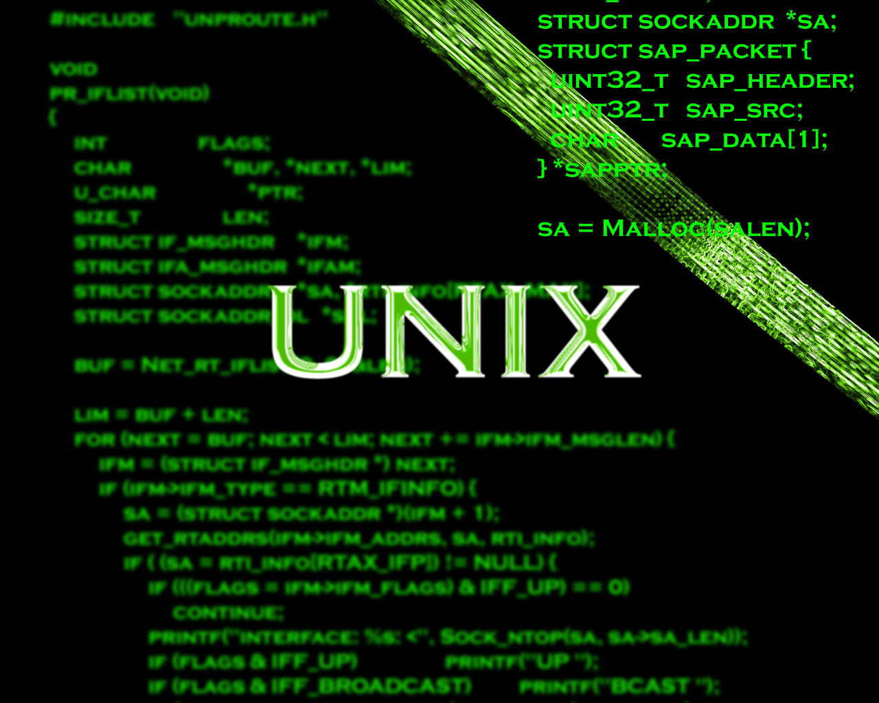 Software 桌布 壁紙 — 黑色背景上帶有對角光纖電纜效果的綠色發光UNIX文字和C程式碼。