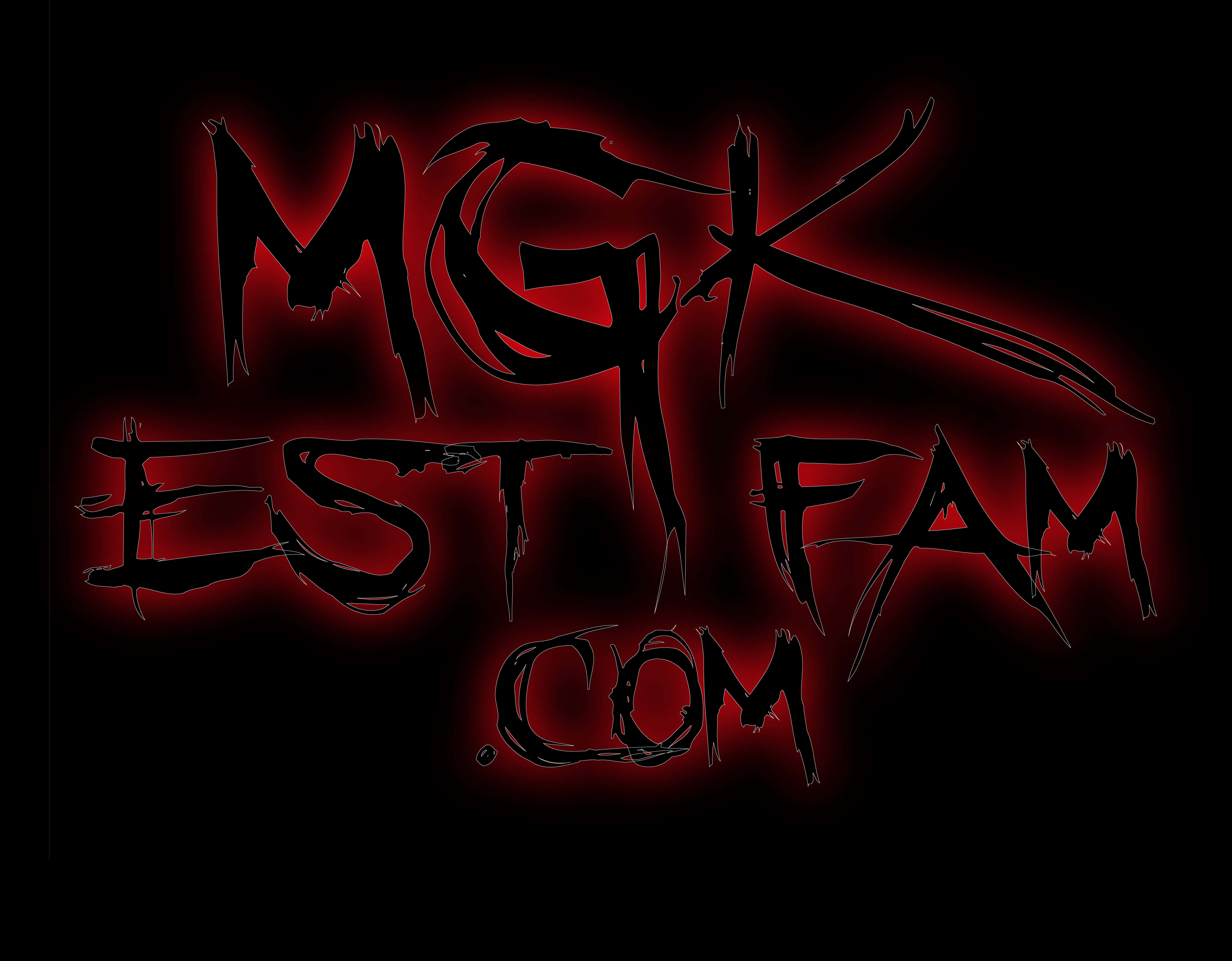 mgk 桌布 壁紙 — 黑色背景上帶有尖銳鋸齒狀字母的哥德式紅色發光文字 MGK EST FAM COM。