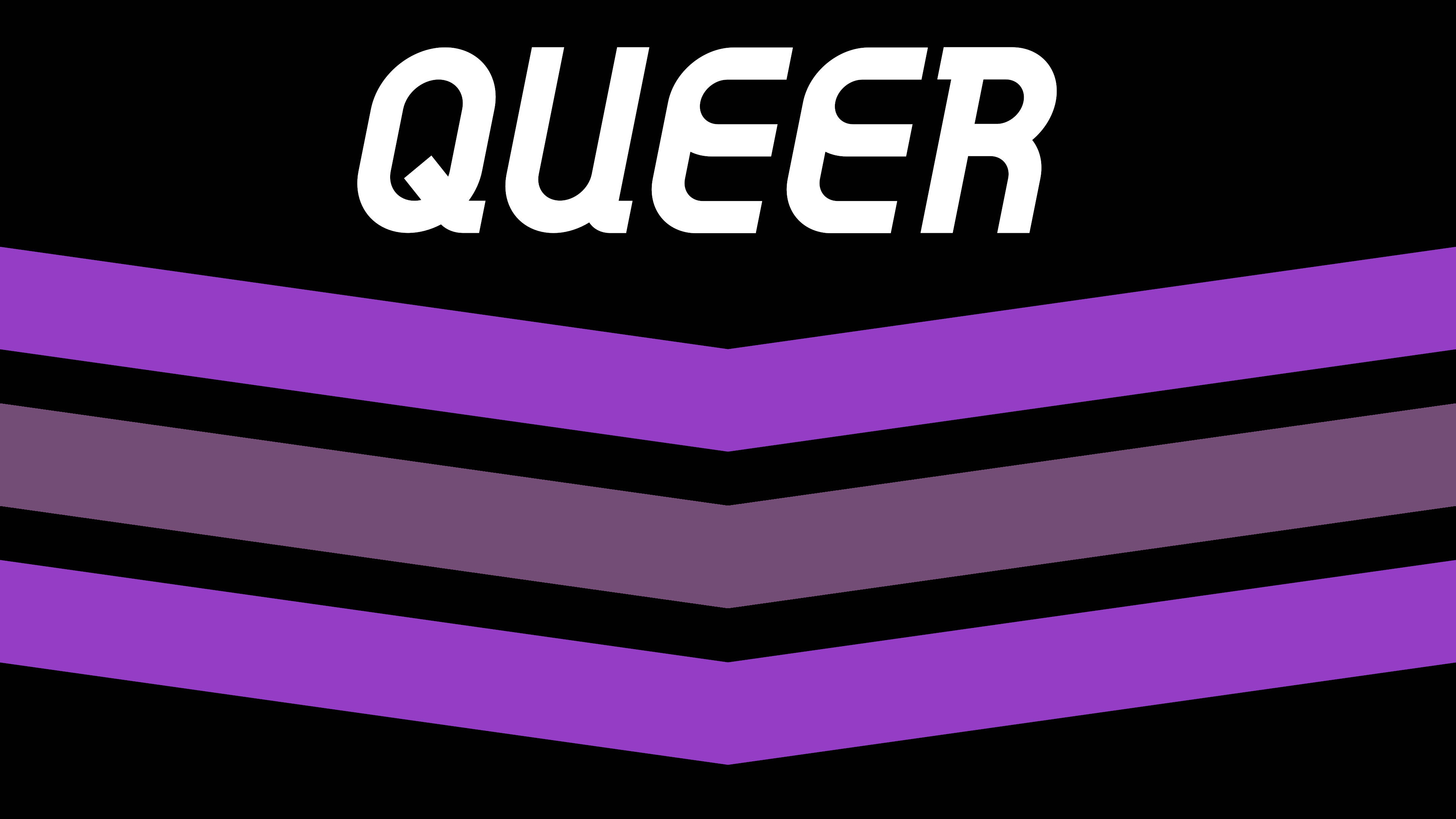 LGBT 桌布 壁紙 — 黑色背景上帶有層疊的紫色和黑色V形圖案，以及粗體白色「QUEER」文字。