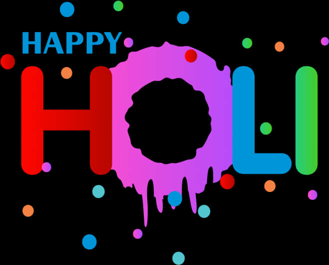 Holi Colour 桌布 壁紙 — 黑色背景上帶有彩色油漆飛濺和圓點的鮮豔「HAPPY HOLI」文字。