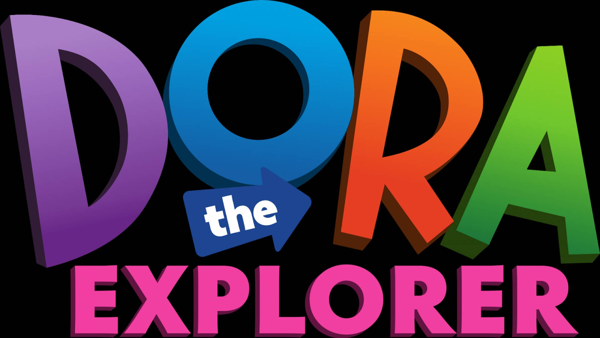 Dora 桌布 壁紙 — 黑色背景上帶有彩虹漸變字母的 Dora the Explorer 鮮豔 3D 標誌。