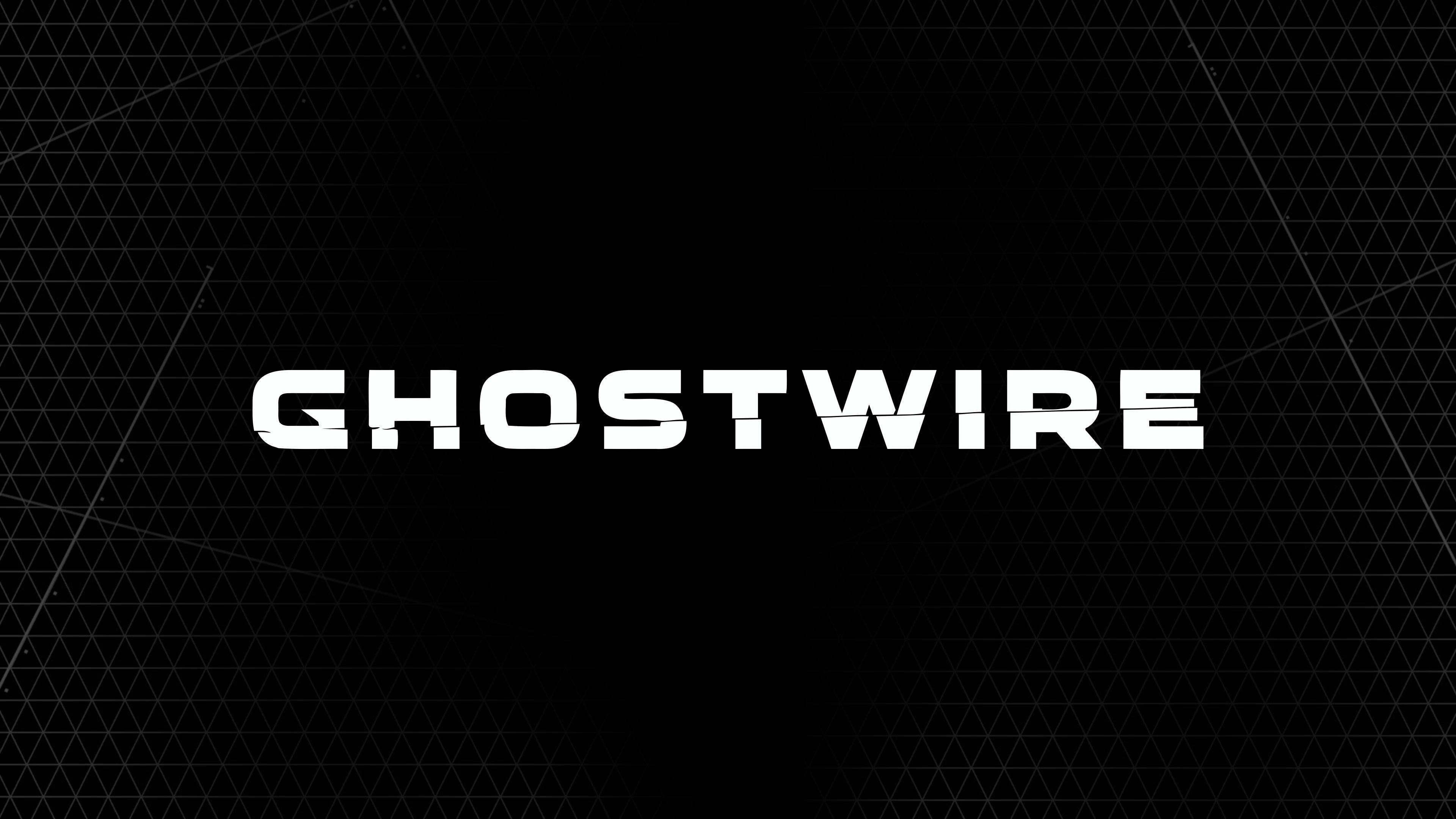 Ghostwire Tokyo 桌布 壁紙 — 黑色背景上帶有微妙幾何網格圖案的粗體白色「GHOSTWIRE」文字。