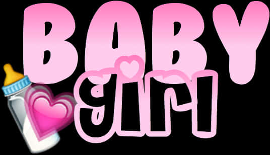 少女風 桌布 壁紙 — 黑色背景上帶有心形和奶瓶圖示的粉紅色漸變「BABY GIRL」文字。
