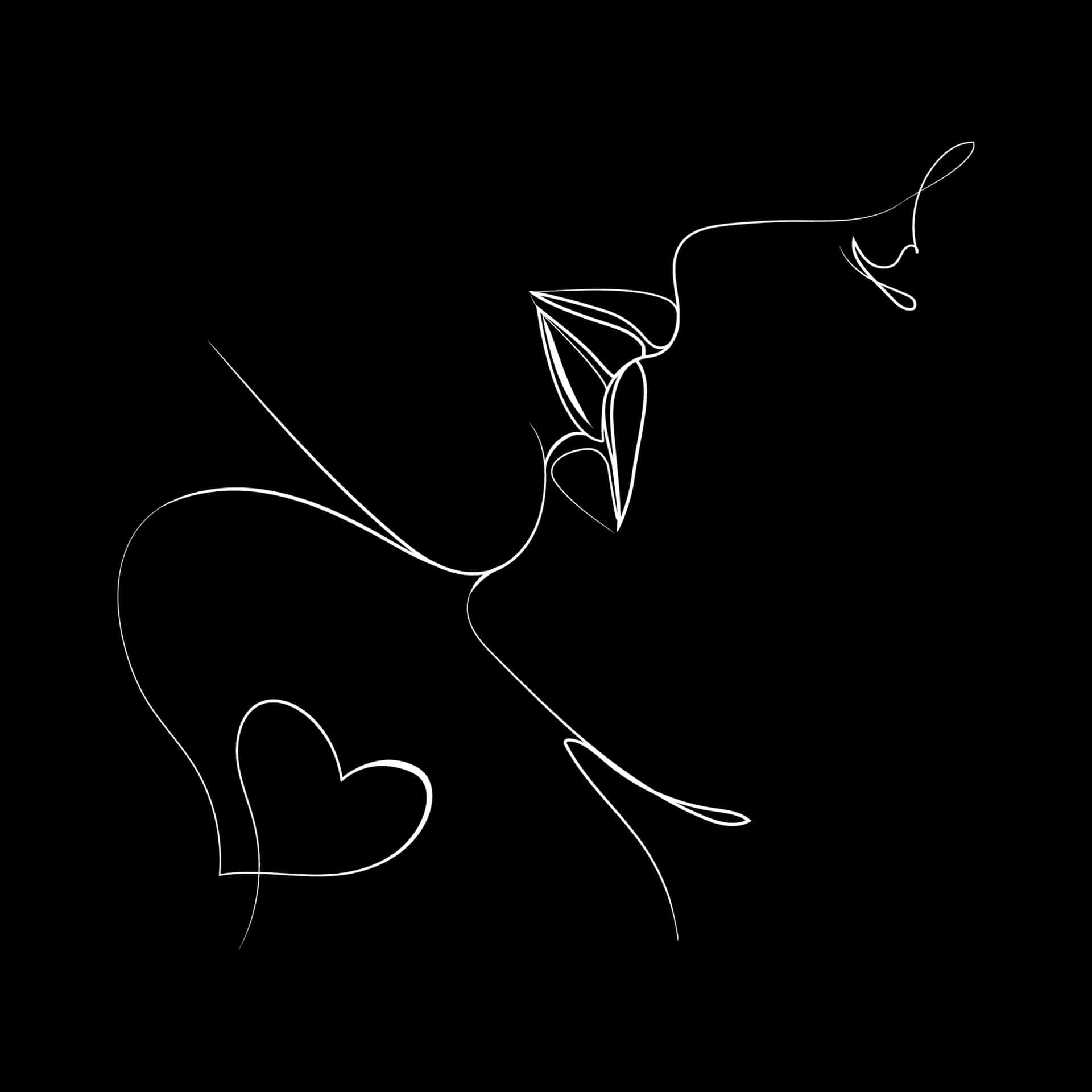 Lovers 桌布 壁紙 — 黑色背景上帶有心形尾巴的貓咪極簡白色線條畫。