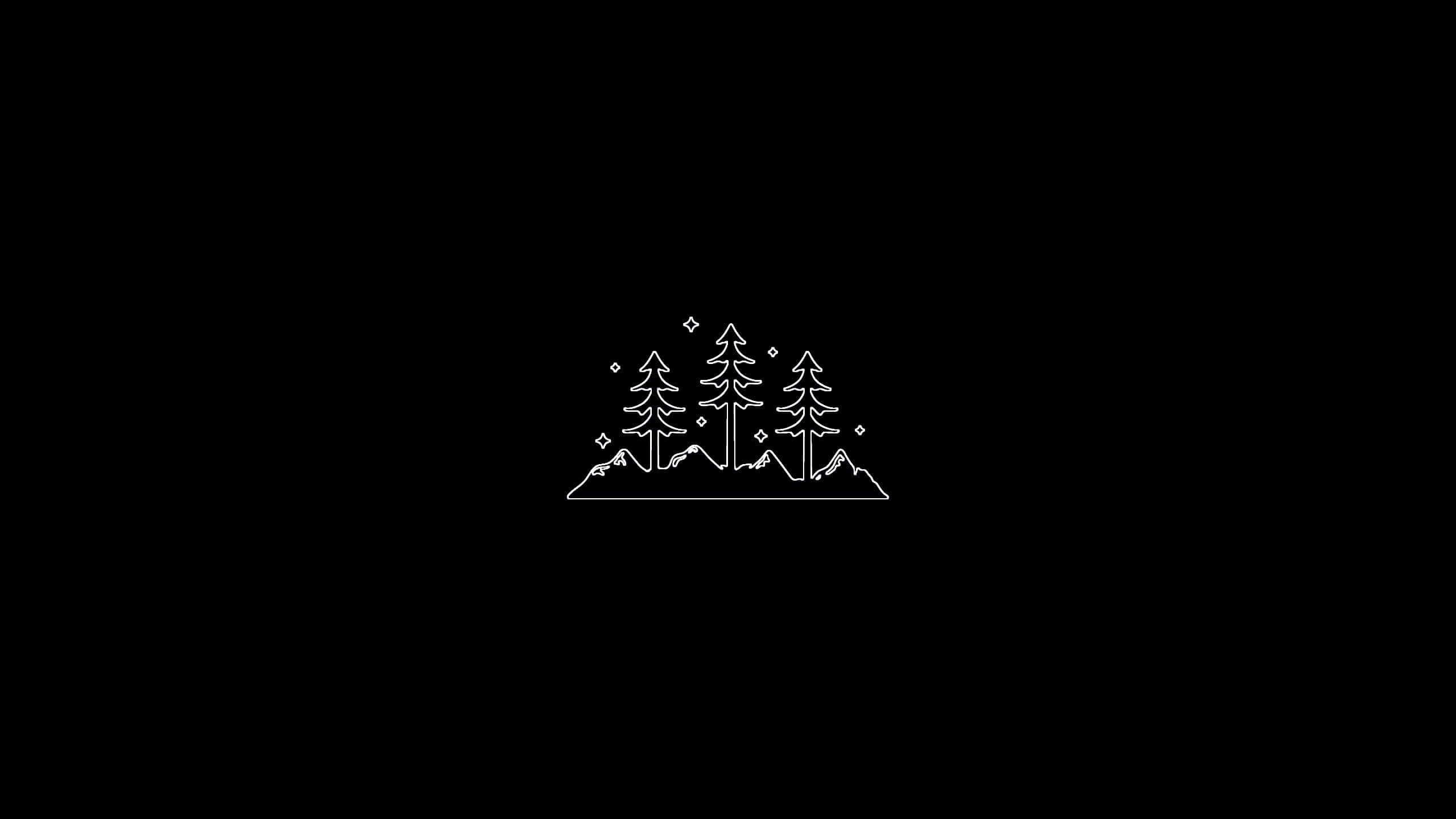 Minimalist Monochrome 桌布 壁紙 — 黑色背景上帶有散落鑽石形狀的松樹和山脈的極簡白色線條畫。