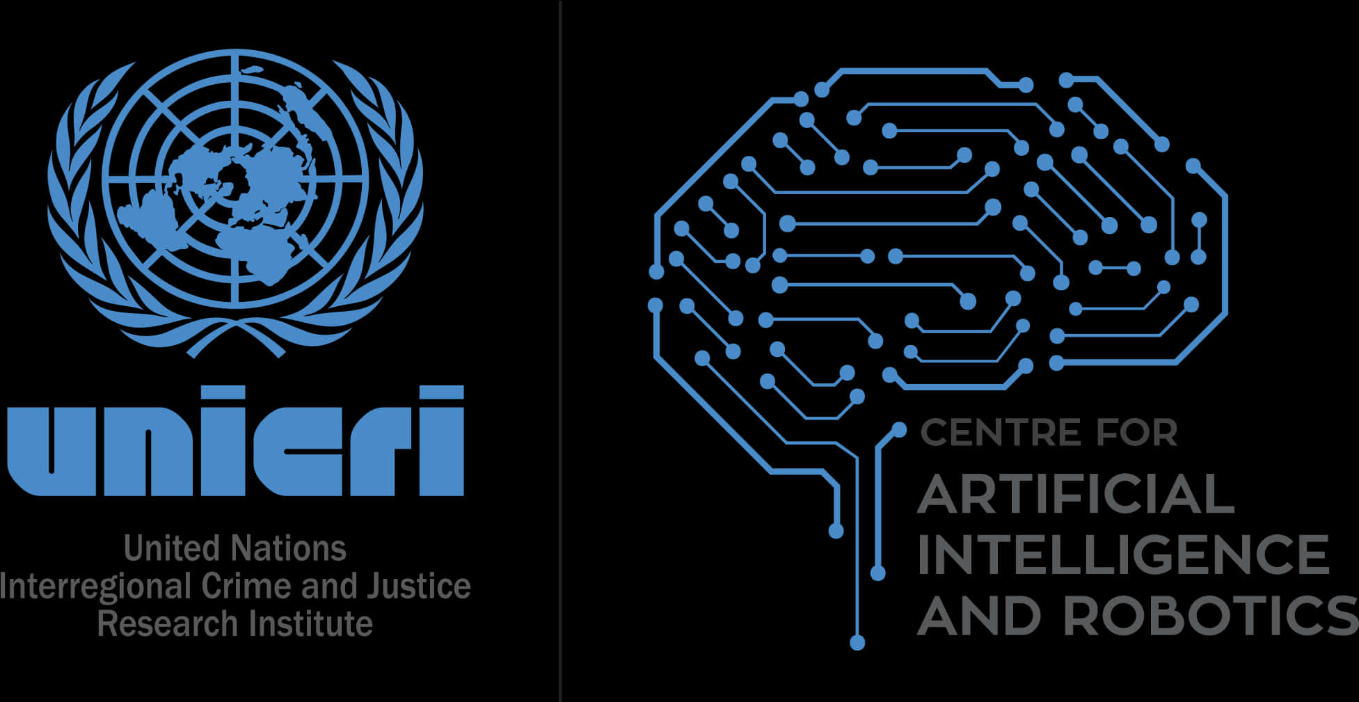 artificial intelligence 桌布 壁紙 — 黑色背景上帶有文字標籤的藍色UNICRI和AI大腦標誌圖示。