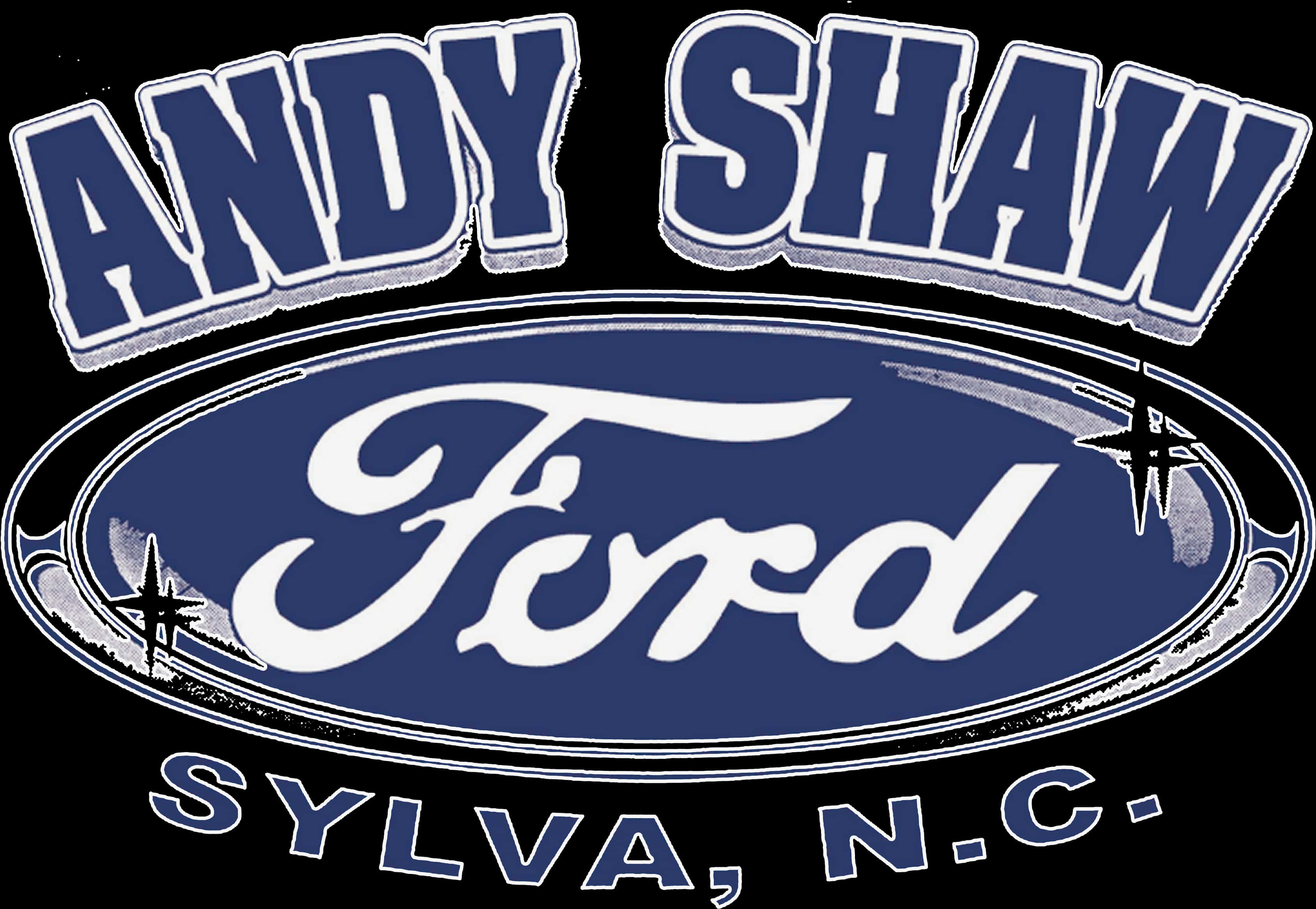 Ford Logo 桌布 壁紙 — 黑色背景上帶有星星和位置文字的醒目藍白 Andy Shaw Ford 經銷商標誌。