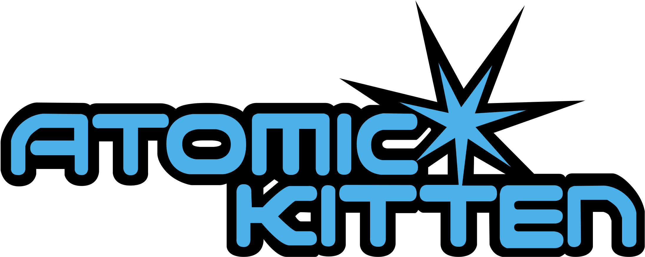 Symbol 桌布 壁紙 — 黑色背景上帶有星爆符號的醒目藍色「Atomic Kitten」標誌。