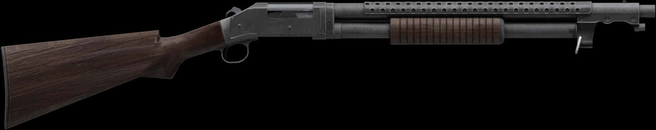 Shotgun 桌布 壁紙 — 黑色背景上帶有木製槍托和前護木的泵動式霰彈槍的詳細側視圖。
