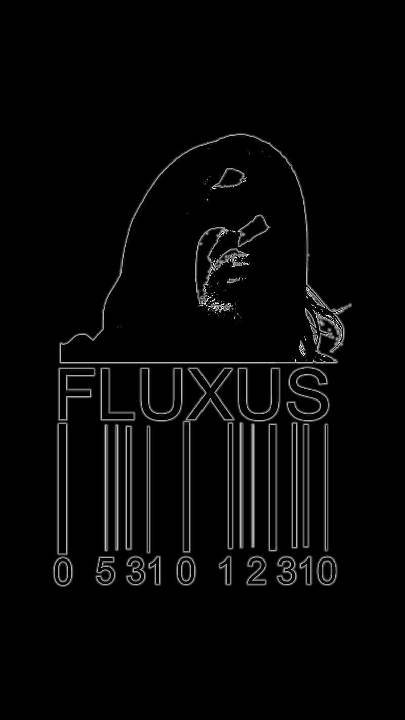 Barcode Scanning 桌布 壁紙 — 黑色背景上帶有條碼和「FLUXUS」文字的連帽人物極簡白色線條畫。