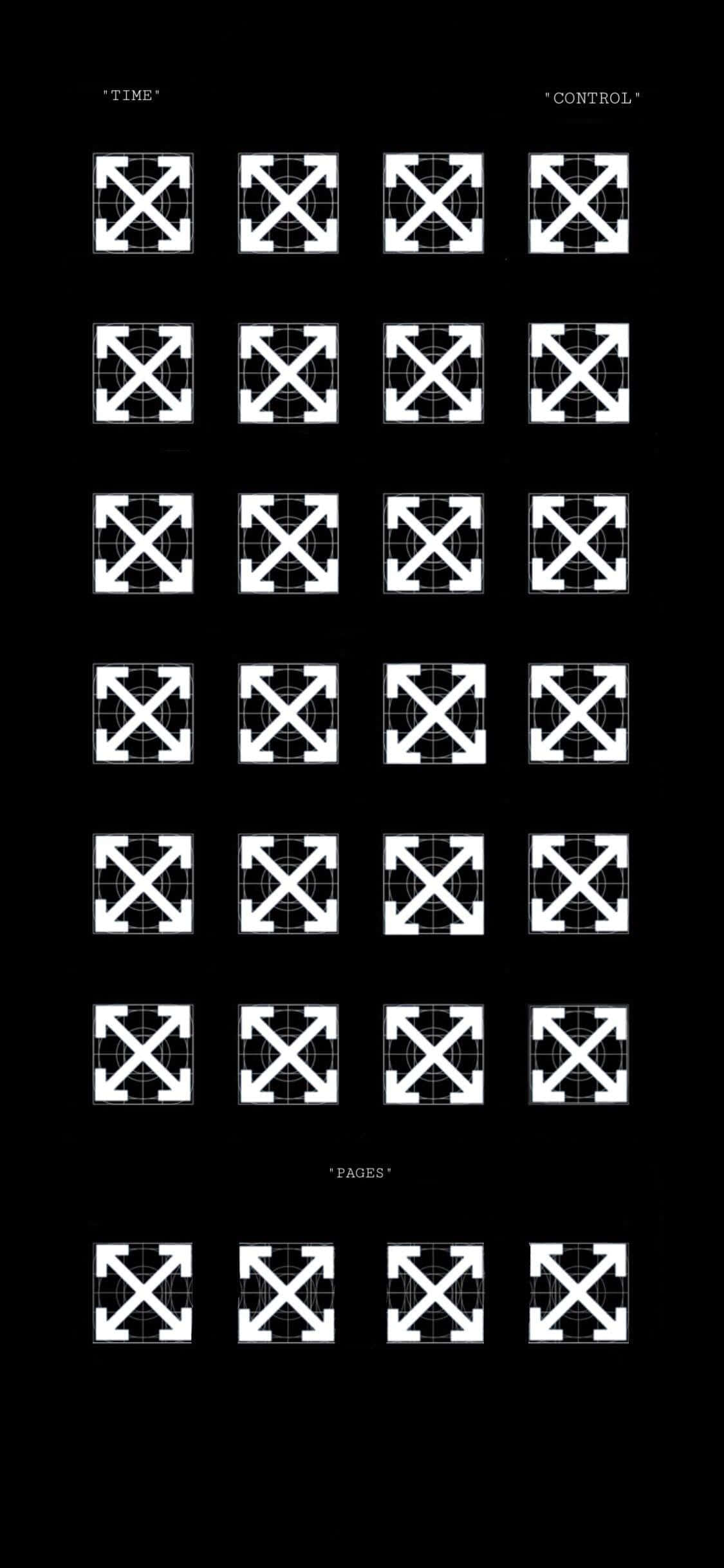 Off White iPhone 桌布 壁紙 — 黑色背景上帶有標籤部分的白色 Off-White 品牌箭頭網格。