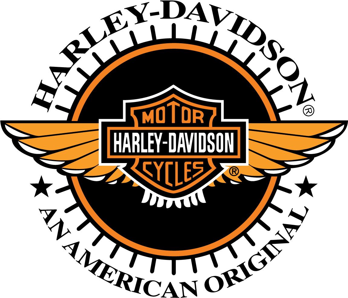 哈雷戴維森標誌 桌布 壁紙 — 黑色背景上帶有橙色翅膀和盾牌的Harley-Davidson標誌。