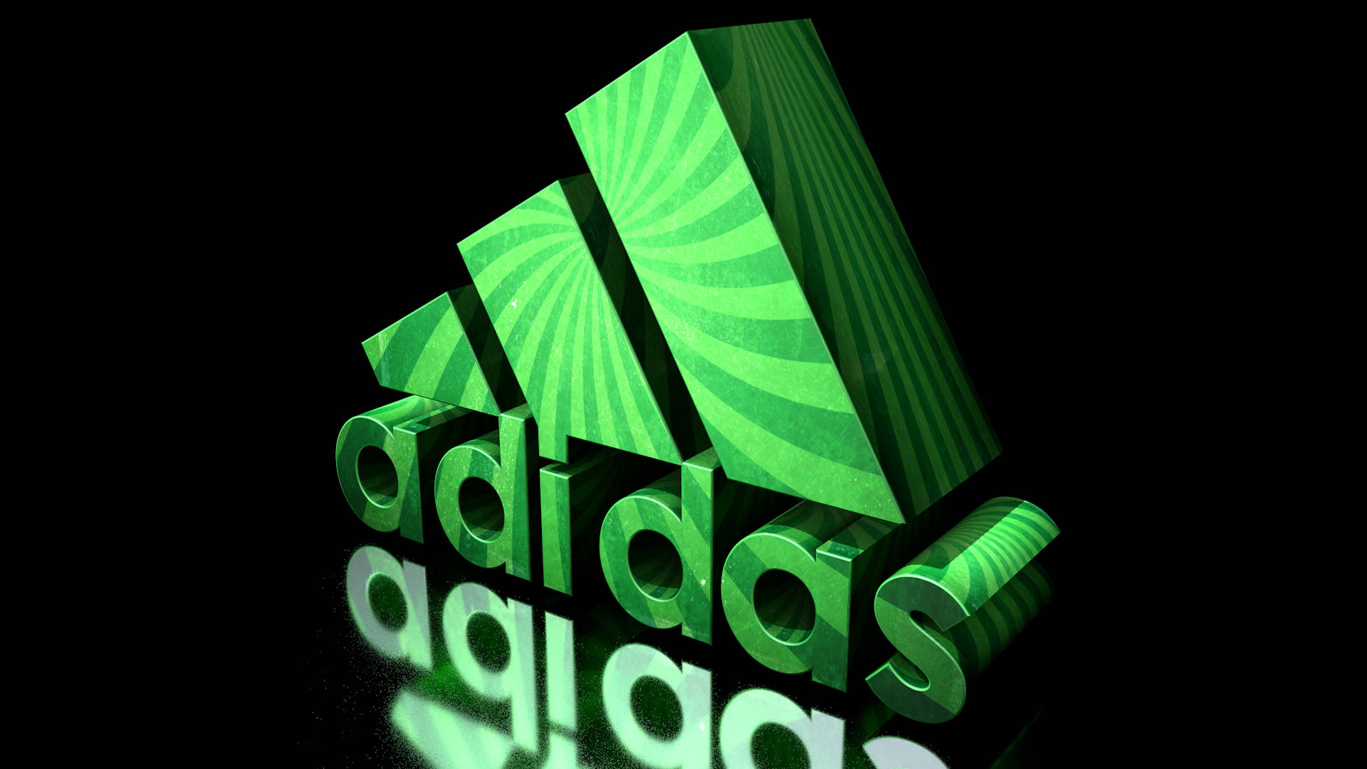 愛迪達 桌布 壁紙 — 黑色背景上帶有漩渦圖案和光澤反射的鮮綠色Adidas標誌。
