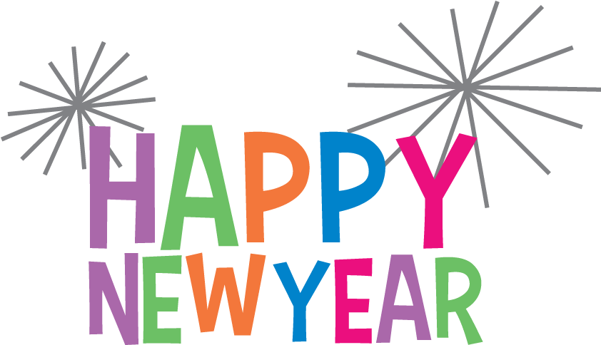 新年快樂 桌布 壁紙 — 黑色背景上帶有灰色煙火的鮮豔多彩「HAPPY NEW YEAR」文字。