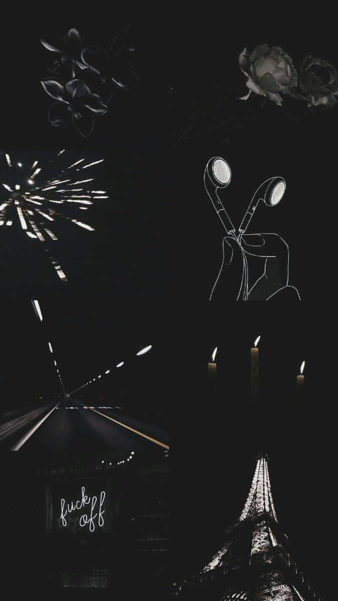 Fireworks 桌布 壁紙 — 黑色背景上帶有煙火、蠟燭、艾菲爾鐵塔、耳機和花朵的深色拼貼畫。