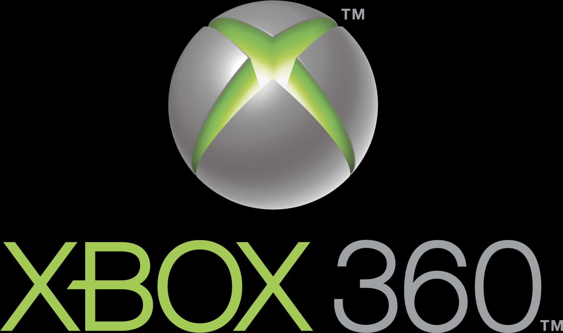 Xbox 桌布 壁紙 — 黑色背景上帶有發光綠色X的閃亮銀色Xbox 360標誌。