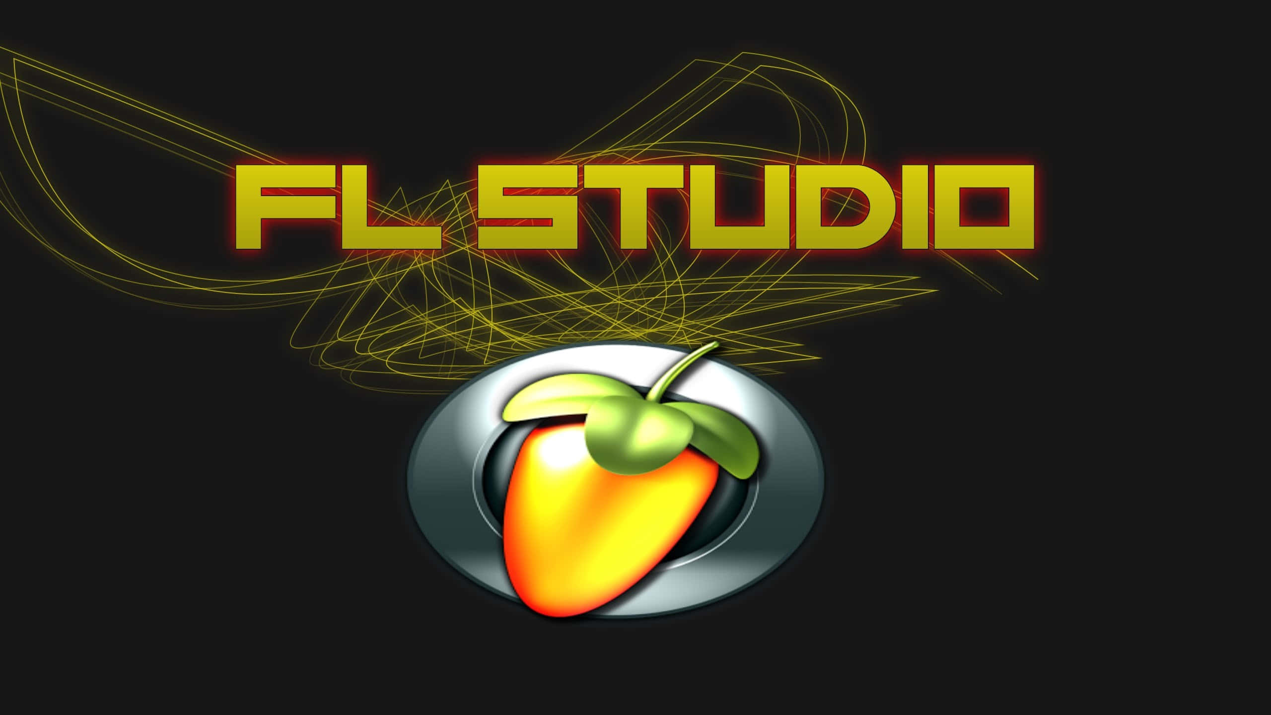 Fl Studio 桌布 壁紙 — 黑色背景上帶有發光線條和閃亮橙色水果圖示的大膽黃色FL STUDIO標誌。
