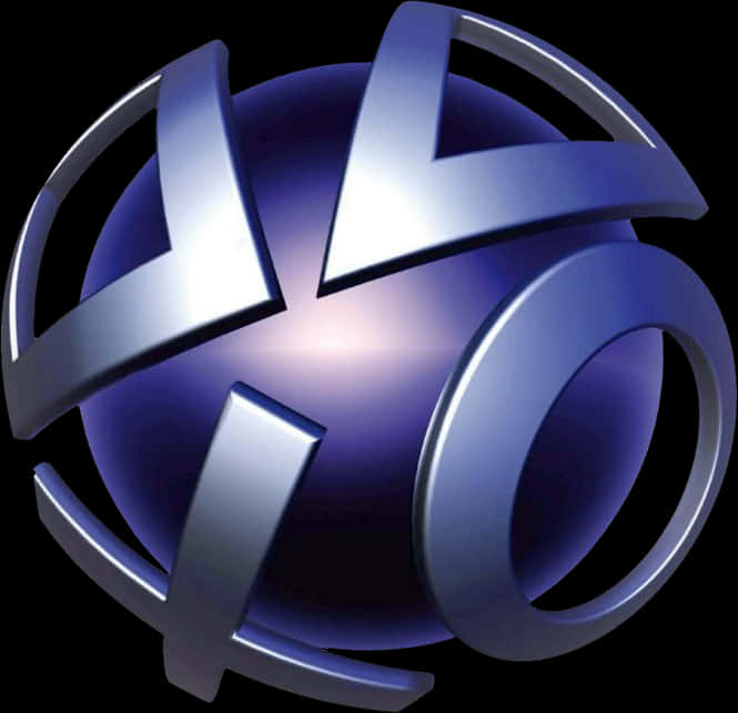 Playstation Logo 桌布 壁紙 — 黑色背景上帶有發光藍色球體和交叉環的光亮金屬PlayStation標誌。