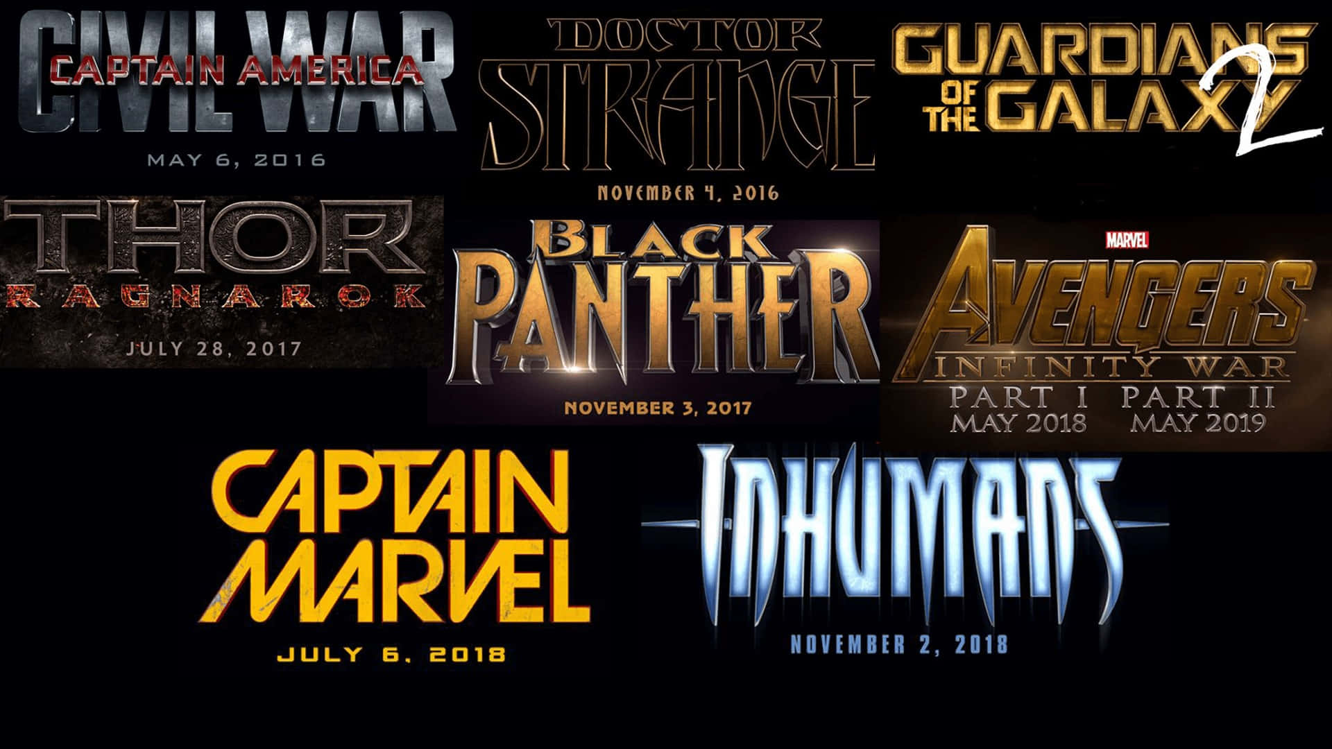 Mcu Phase Three 桌布 壁紙 — 黑色背景上帶有發行日期的Marvel電影標題標誌拼貼。
