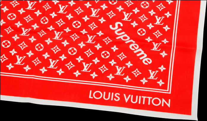 路易威登 桌布 壁紙 — 黑色背景上帶有白色 Louis Vuitton 字母組合和 Supreme 標誌的大膽紅色頭巾。
