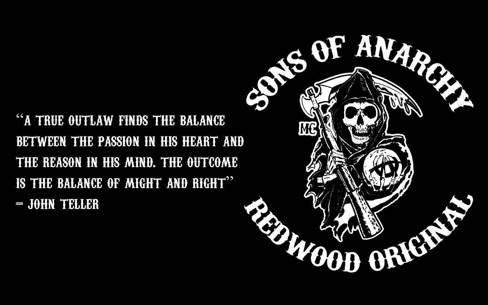 Sons Of Anarchy 桌布 壁紙 — 黑色背景上帶有白色Sons of Anarchy標誌，死神手持斧頭，以及John Teller的語錄。