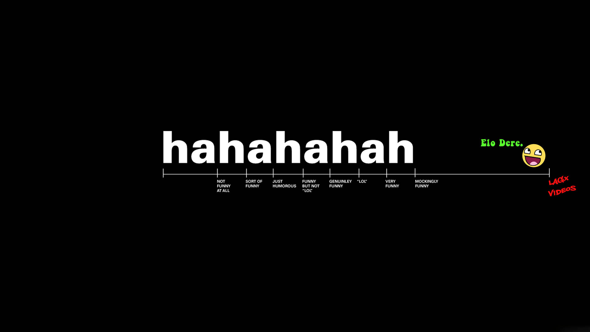 Screen 桌布 壁紙 — 黑色背景上帶有白色文字 'hahahah'，幽默量表從「一點都不好笑」到「嘲諷地好笑」，附有笑臉表情符號和綠色的 'Eio Dere'。