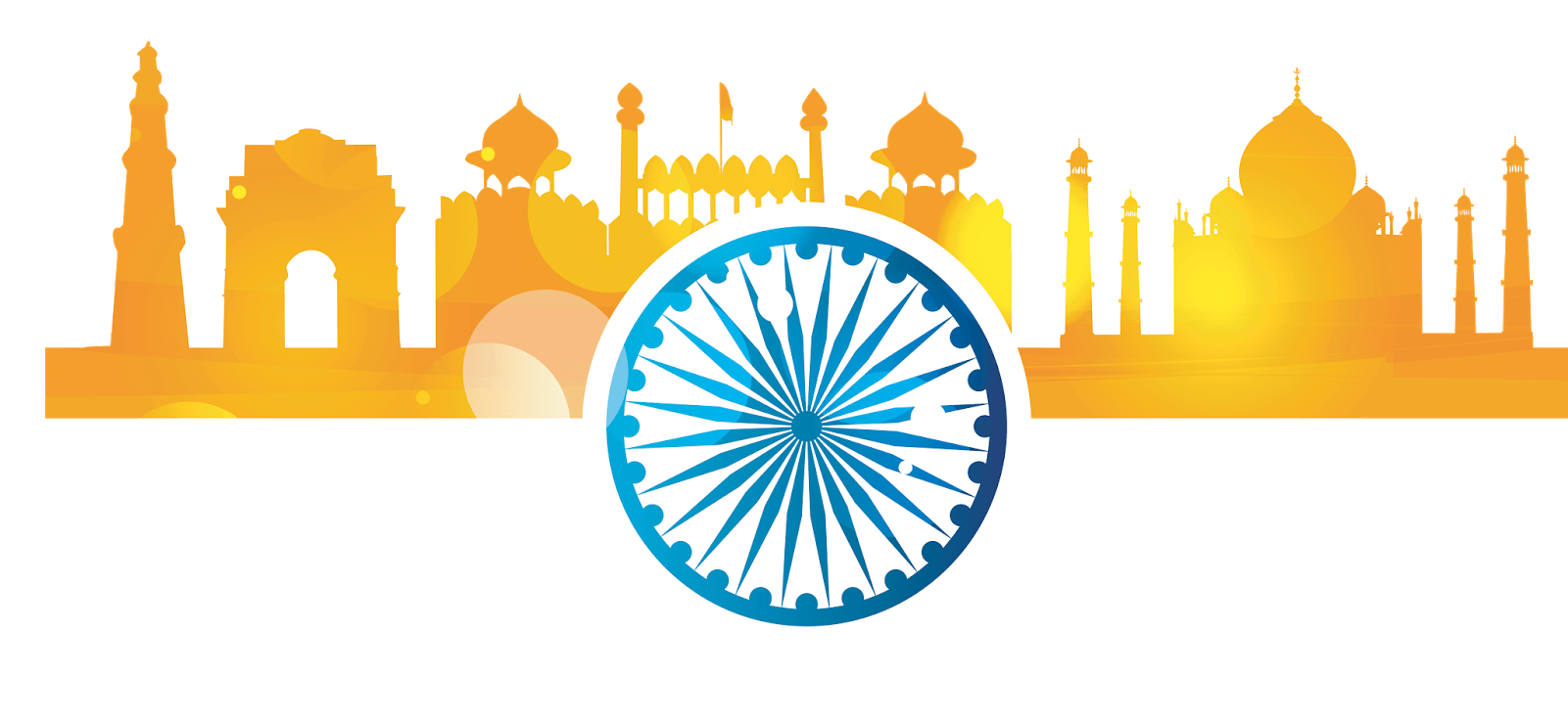 Indian Independence Day 桌布 壁紙 — 黑色背景上帶有白色氣泡，藍色阿育王法輪後方有金色印度地標剪影。