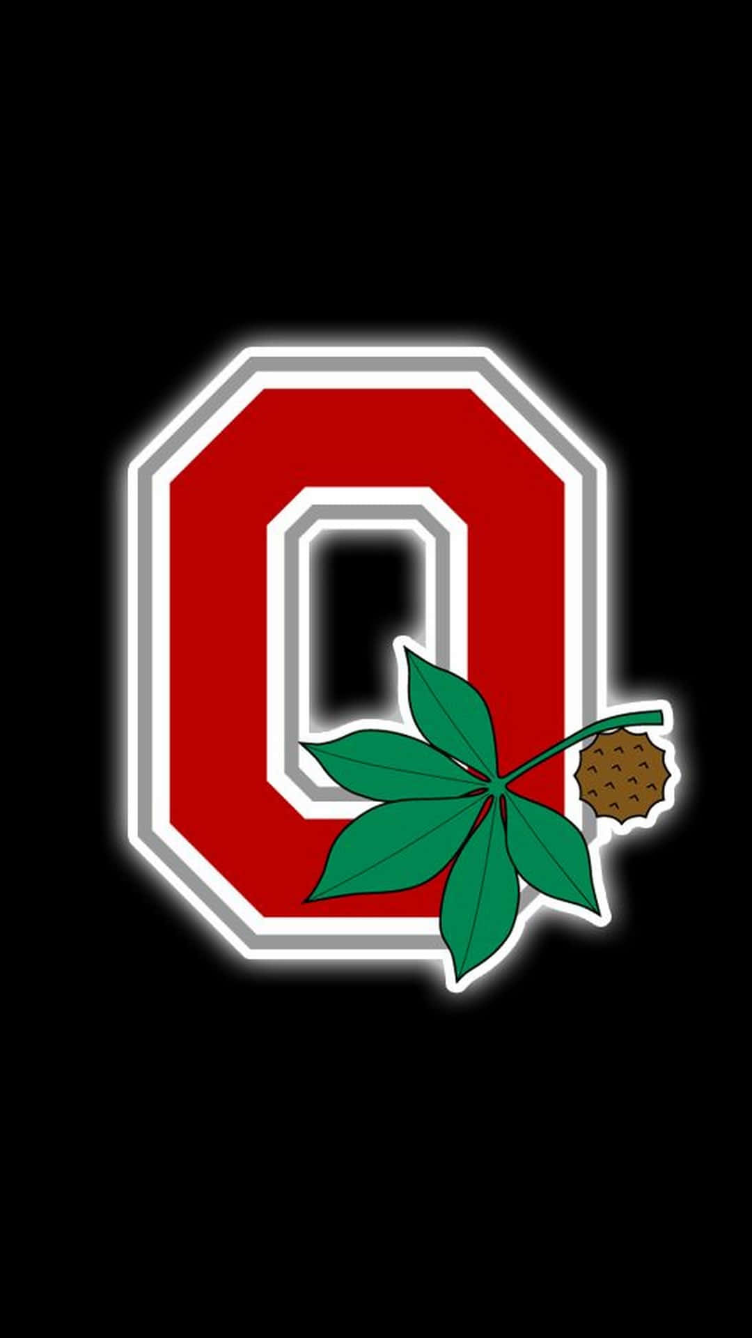 Ohio 桌布 壁紙 — 黑色背景上帶有白色輪廓和綠色七葉樹葉的粗體紅色字母O。
