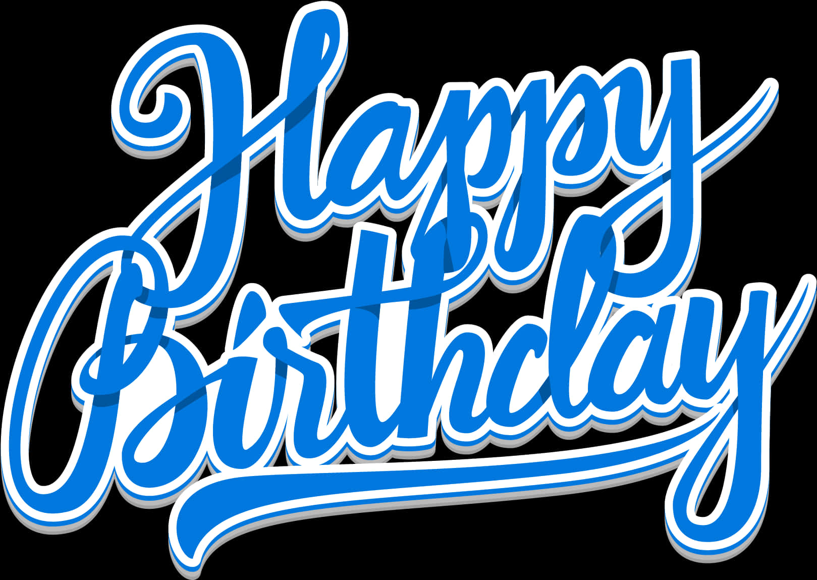 Birthday 桌布 壁紙 — 黑色背景上帶有白色輪廓和陰影的粗體藍色草書「Happy Birthday」文字。